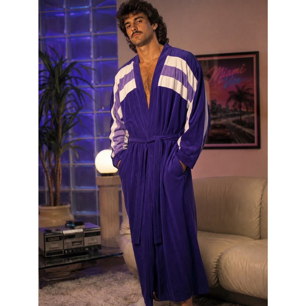 Vintage 1980s Men’s Purple Color Block Wrap Robe Housecoat Made USA Size Large
